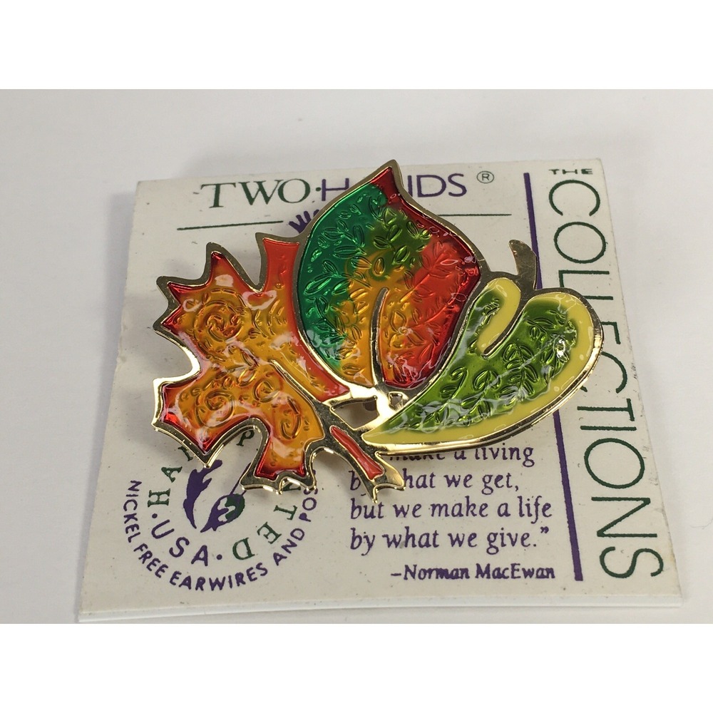 Two Hands Vintage Pin Brooch Hand Painted Enamel Maple Leaf In Fall Colors NEW